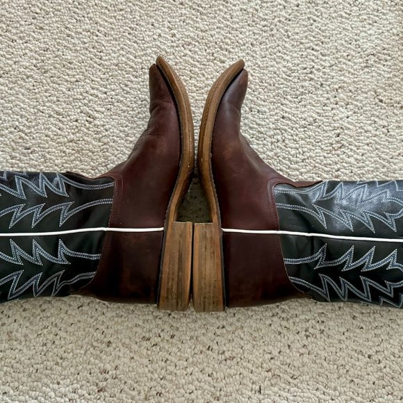 Nocona brown & black leather square toe Western cowboy boots, men's size 9D - Picture 4 of 14